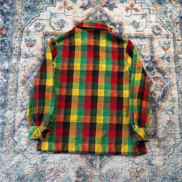 Vintage 60s 70s Colour Blocked Textured Button-up Shirt Medium - Picture 2 of 6